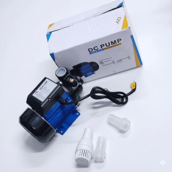 Front view of a blue 12V DC solar surface water pump with 180W power and 15m max head.