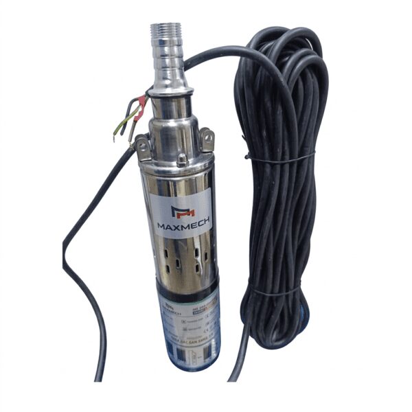 Stainless steel 24V DC Maxmech submersible solar pump for boreholes, featuring a 50m max head.