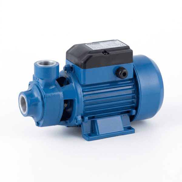 Side view of a blue 0.5HP Maxmech peripheral surface pump with heavy-duty copper winding and cast iron body.