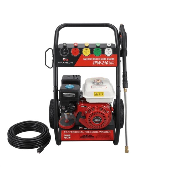High-pressure petrol washer with a 7.0HP engine, mounted on a mobile trolley with a spray gun and hose.