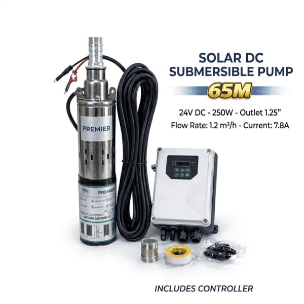 Complete solar water pumping kit featuring a 250W stainless steel submersible pump and a 24V DC controller unit.