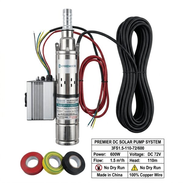 Industrial-grade 600W brushless screw pump kit with 110m max head and pro digital controller for deep boreholes.