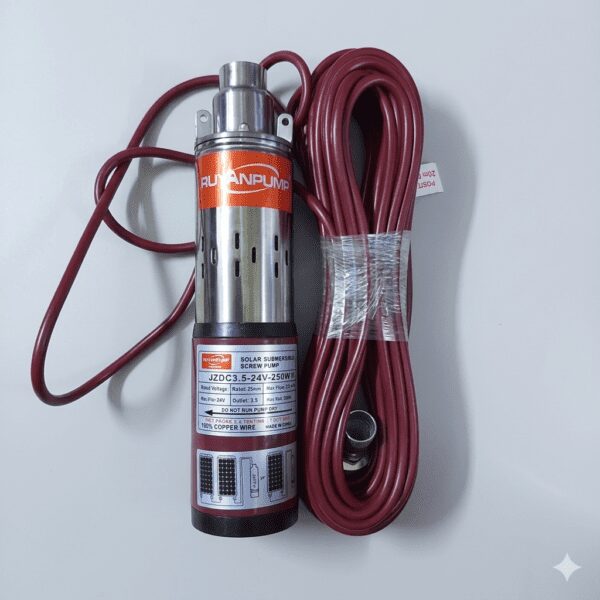 Durable stainless steel 24V DC submersible solar pump designed for 50m head lift in boreholes and deep wells.
