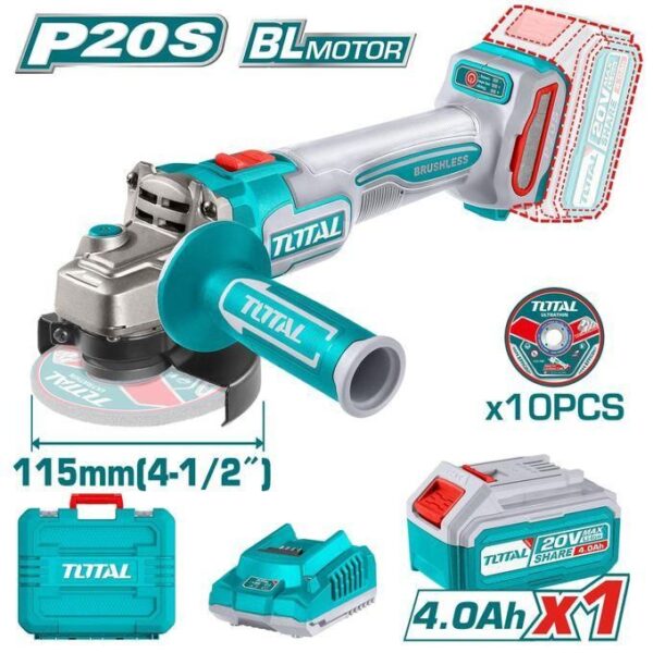 Industrial 20V cordless angle grinder with a 115mm disc, 3-speed variable control, and rubberized ergonomic handle.