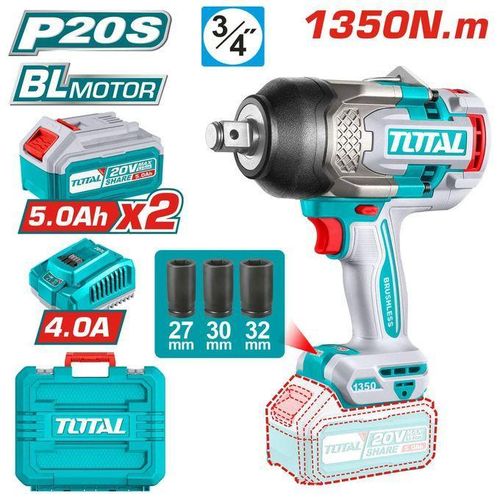 TOTAL 3/4" Drive Impact Wrench 20V Brushless 1350Nm TIWLI20135 Turquoise Blue