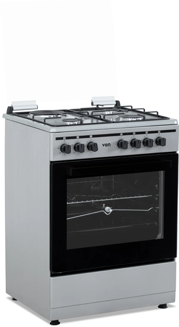VON 60x55cm Standing Cooker – 3 Gas + 1 Electric, Thick Enamel Pan Support, Inox Grey - VCF653141NSY